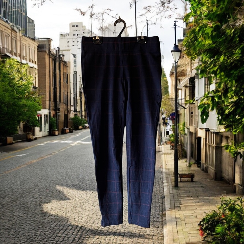 LOFT Navy with Burgundy Checkered Lines Stretchy Leggings